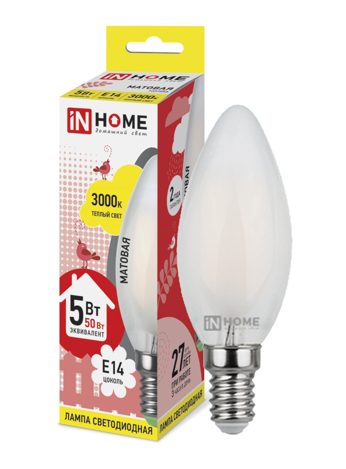 

Лампочка IN HOME LED-СВЕЧА-deco E14 5W 3000K 230V 450Lm Matte 4690612006826, 4690612006826