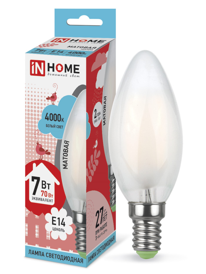 

Лампочка In Home LED-СВЕЧА-deco E14 7W 4000K 230V 630Lm Matte 4690612006789, 4690612006789