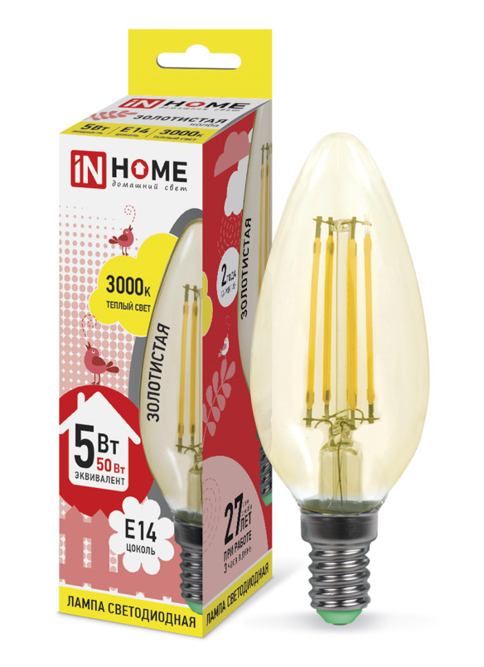 

Лампочка IN HOME LED-СВЕЧА-deco E14 5W 3000K 230V 450Lm Gold 4690612007182, 4690612007182