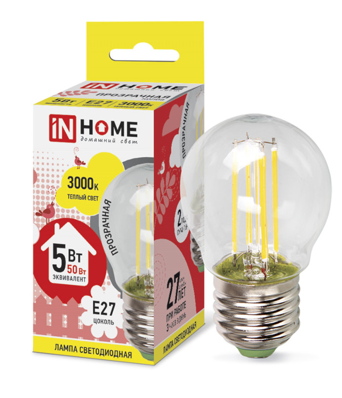 

Лампочка IN HOME LED-ШАР-deco E27 5W 3000K 230V 450Lm Clear 4690612007700, 4690612007700