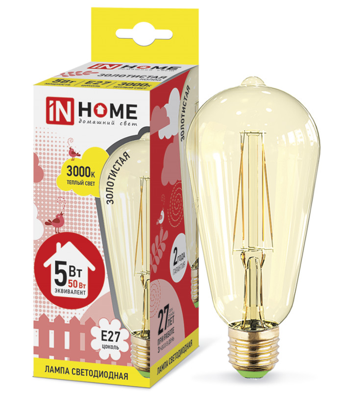 

Лампочка In Home LED-ST64-deco E27 5W 3000K 230V 450Lm Gold 4690612008080, 4690612008080