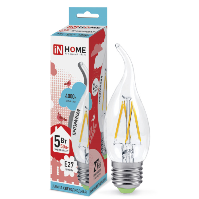 

Лампочка IN HOME LED-СВЕЧА НА ВЕТРУ-deco E27 5W 230V 4000K 450Lm Clear 4690612007656, LED-СВЕЧА НА ВЕТРУ-deco 5W 230V E27 4000K 450Lm