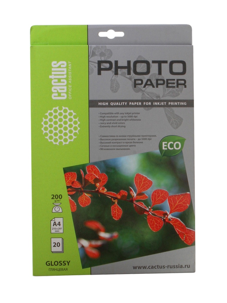 

Фотобумага Cactus CS-GA420020E A4 200g/m2 20 листов White Glossy, CS-GA420020E