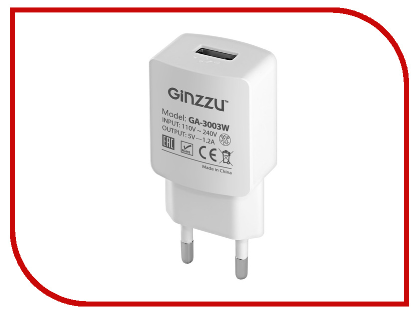 фото Зарядное устройство Ginzzu USB 1.2A White GA-3003W