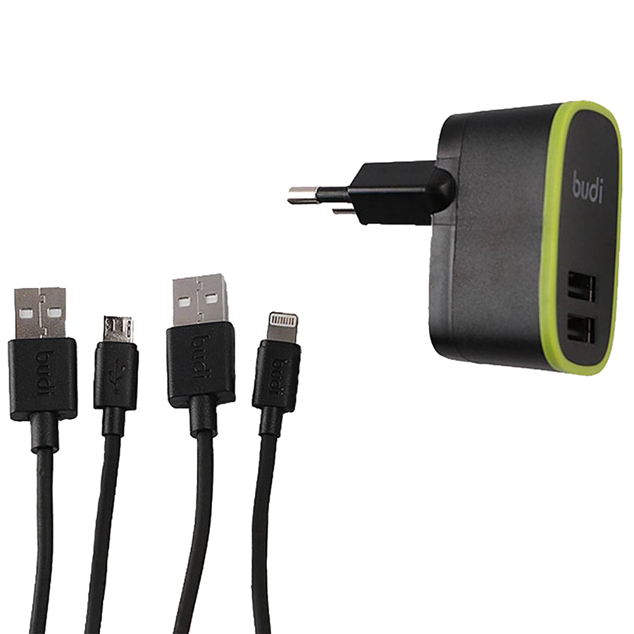 фото Зарядное устройство Budi M8J056E 2xUSB 2.4A + Lightning & MicroUSB cables Black 70584