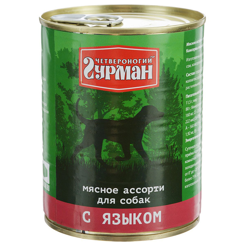 

Корм Четвероногий Гурман Мясное ассорти с языком 340g для собак 11904, Мясное ассорти с языком