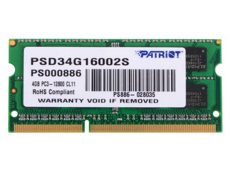 Модуль памяти Patriot Memory SL 4GB DDR3 1600MHz SODIMM 204-pin CL11 PSD34G16002S модуль памяти patriot memory ddr3 1600mhz pc 12800 cl14 8gb kit 2x4gb pv38g160c9k