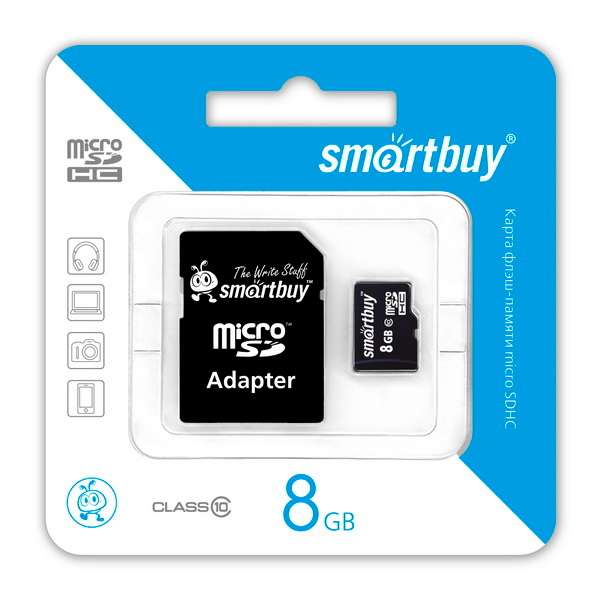 

Карта памяти 8Gb - SmartBuy Micro Secure Digital HC Class 10 SB8GBSDCL10-01 с переходником под SD, SB8GBSDCL10-01