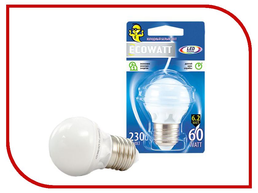 фото Лампочка ECOWATT Шарик P45 E27 230V аналог 60W 4000K Cold White