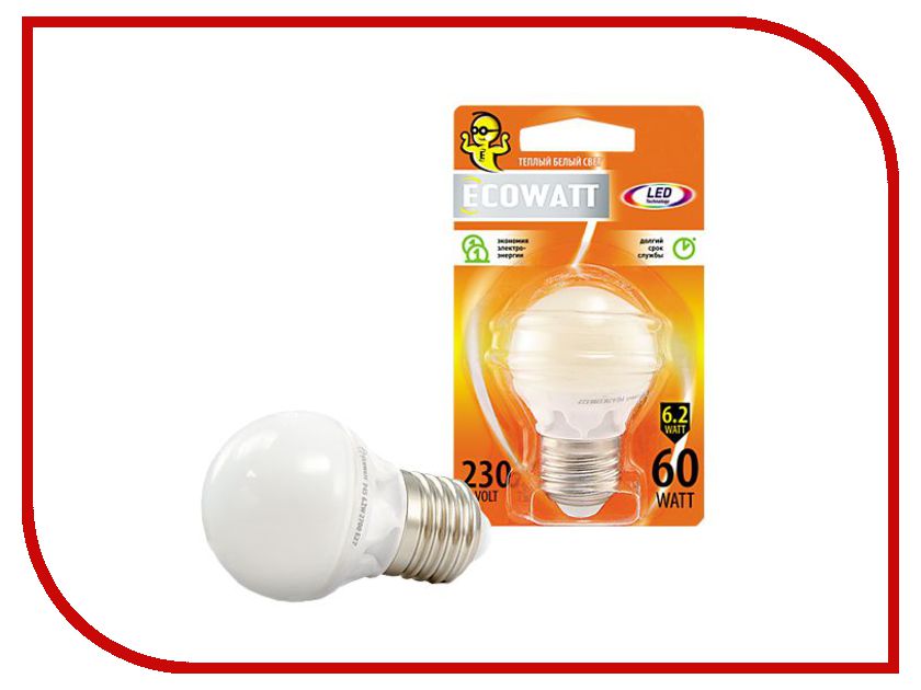 фото Лампочка ECOWATT Шарик P45 E27 230V аналог 60W 2700K Warm White