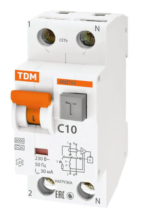 

Дифференциальный автомат TDM-Electric АВДТ 63 C10 30мА SQ0202-0001, АВДТ 63 C10 30мА