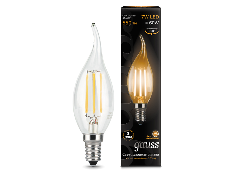 

Лампочка Gauss LED Filament Candle Tailed E14 7W 2700К 104801107, 104801107