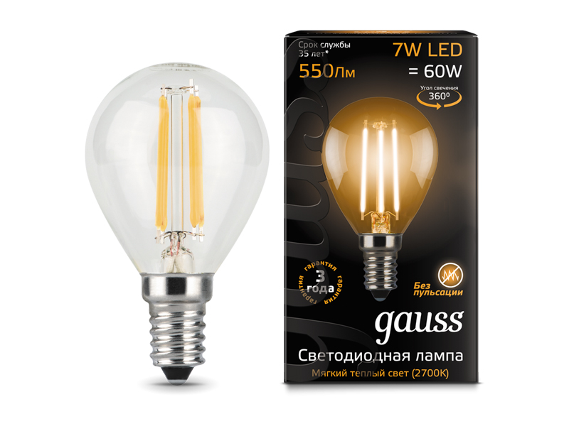 

Лампочка Gauss LED Filament Globe E14 7W 2700K 105801107, 105801107