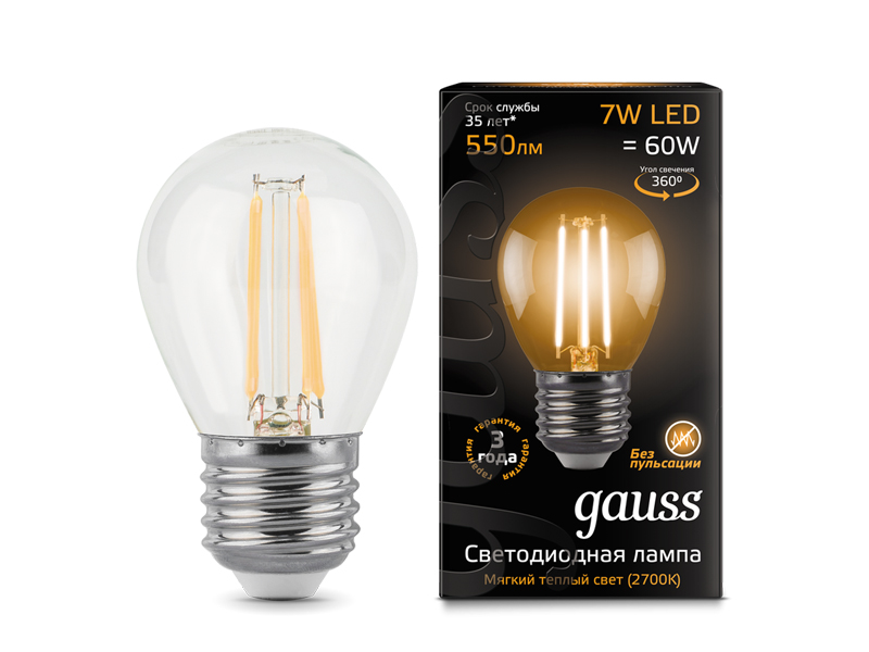 

Лампочка Gauss LED Filament Globe E27 7W 2700K 105802107, 105802107