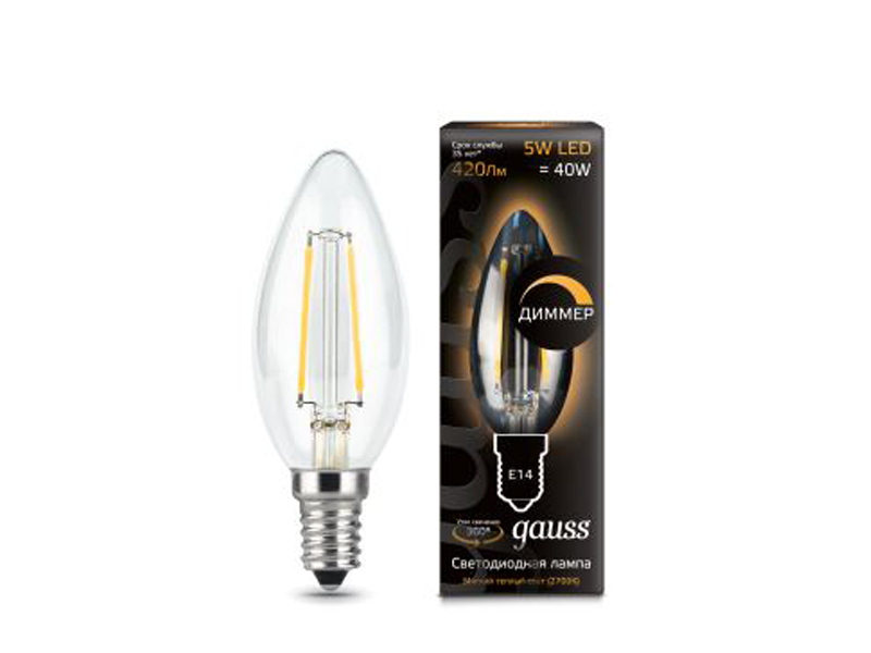 

Лампочка Gauss LED Filament Candle Dimmable E14 5W 2700К 103801105-D, 103801105-D