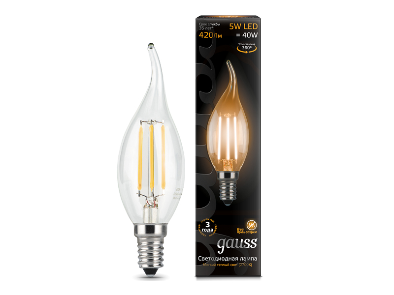 

Лампочка Gauss LED Filament Candle Tailed Dimmable E14 5W 2700K 104801105-D, 104801105-D