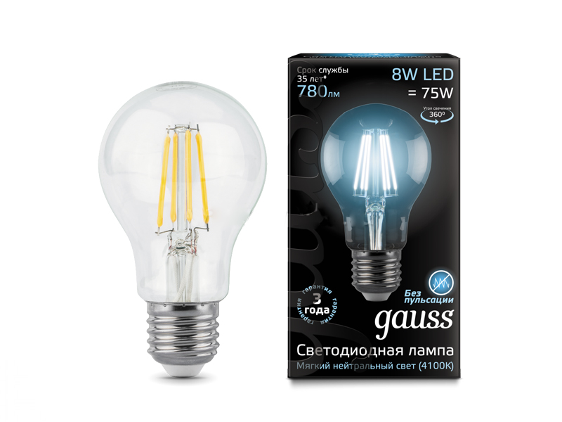 

Лампочка Gauss LED Filament E27 A60 8W 4100K 102802208, 102802208