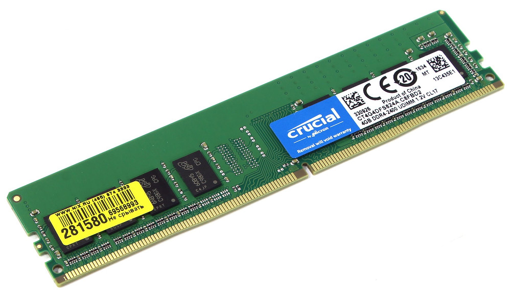 фото Модуль памяти crucial ddr4 udimm 2400mhz pc4-19200 cl17 - 4gb ct4g4dfs824a