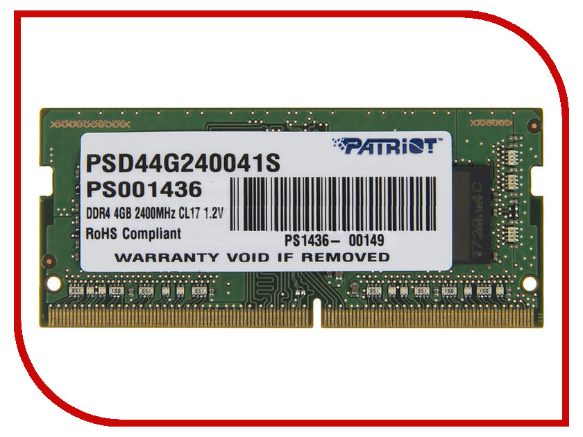 

Модуль памяти Patriot Memory DDR4 SO-DIMM 2400MHz PC4-19200 CL17 - 4Gb PSD44G240041S