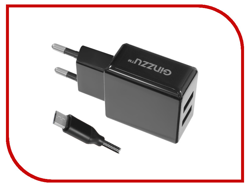 фото Зарядное устройство Ginzzu 2xUSB 3.1A Black + кабель micro-USB 1.0m GA-3312UB