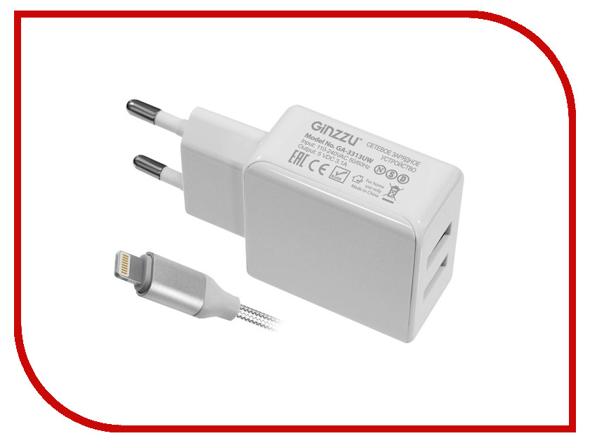 фото Зарядное устройство Ginzzu 2xUSB 3.1A White + кабель 8-pin 1.0m GA-3313UW