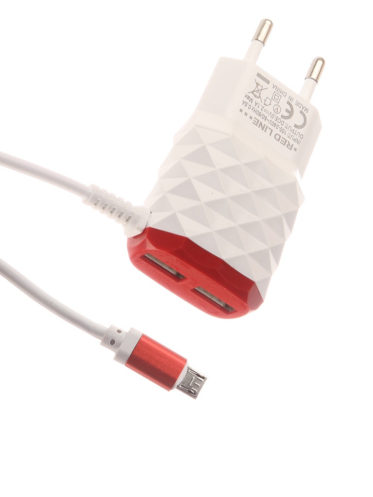 фото Зарядное устройство red line nc-2.1ac 2xusb + кабель microusb 2.1a red ут000013617