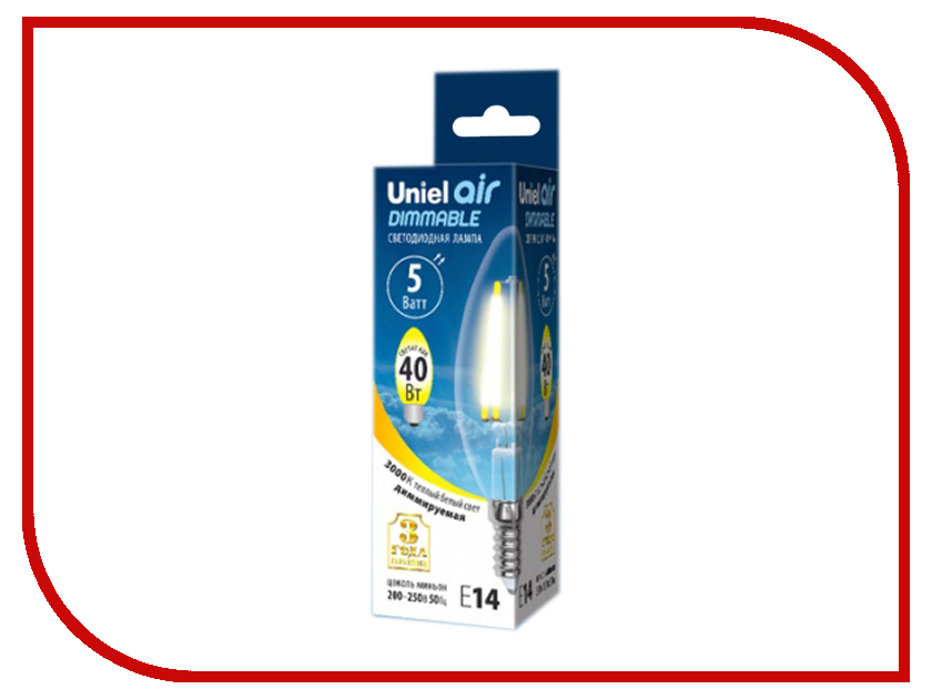 

Лампочка Uniel Air свеча LED-C35-5W/WW/E14/CL/DIM GLA01TR 3000K Warm White
