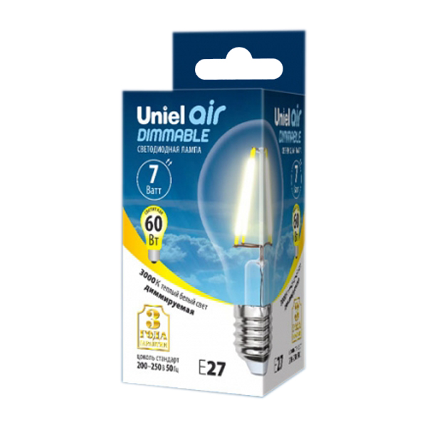 

Лампочка Uniel Air LED A60 E27 7W 200-250V 3000K 630Lm Warm White LED-A60-7W/WW/E27/CL/DIM GLA01TR