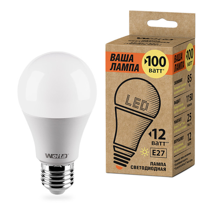 

Лампочка Wolta LED A60 E27 12W 220V 3000K 1150Lm Warm Light 25Y60BL12E27-P, 25Y60BL12E27-P