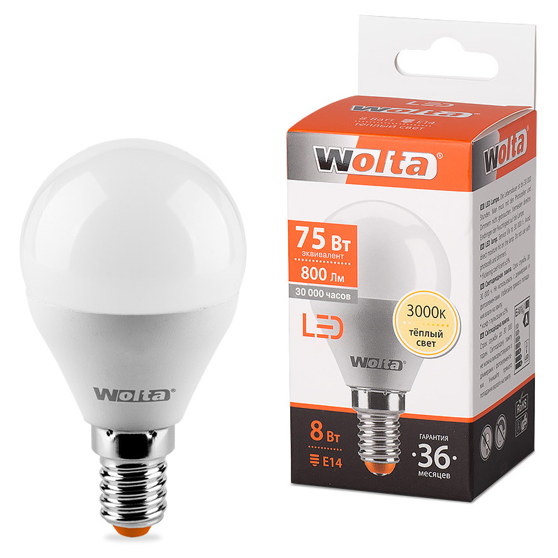 

Лампочка Wolta LED G45 E14 8W 220-240V 3000K 800Lm Warm Light 25Y45GL8E14, 25Y45GL8E14