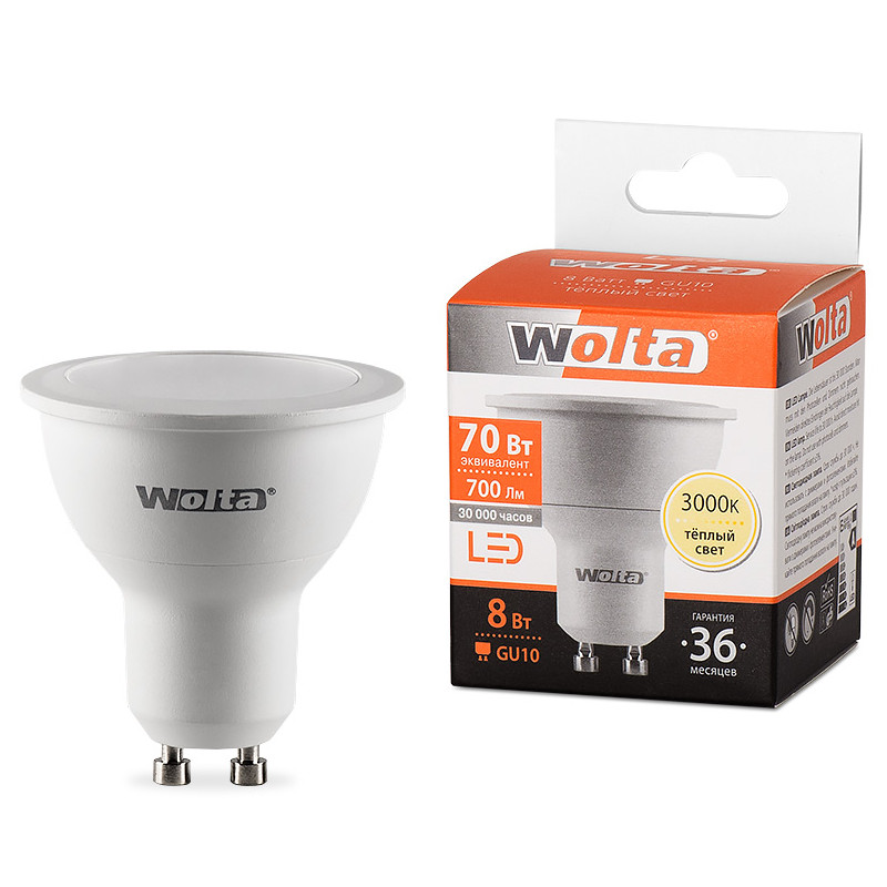 

Лампочка Wolta LED MR16 GU10 8W 3000K 700Lm Warm Light 25YPAR16-230-8GU10, 25YPAR16-230-8GU10