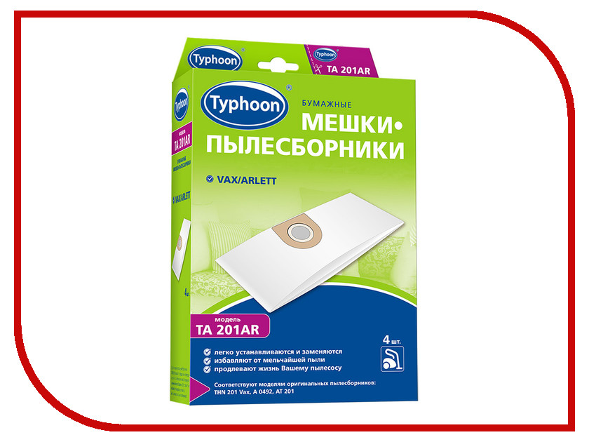 

Мешки бумажные Тайфун TA 201AR 4шт Vax/Arlett 4660003392012, TA 201AR