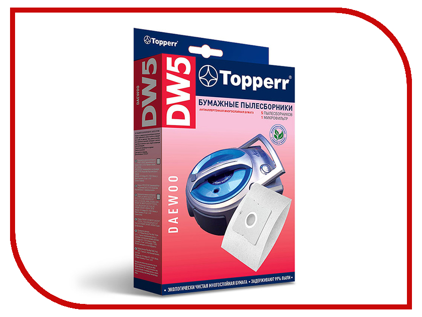

Пылесборники бумажные Topperr DW 5 5шт + 1 микрофильтр для Daewoo