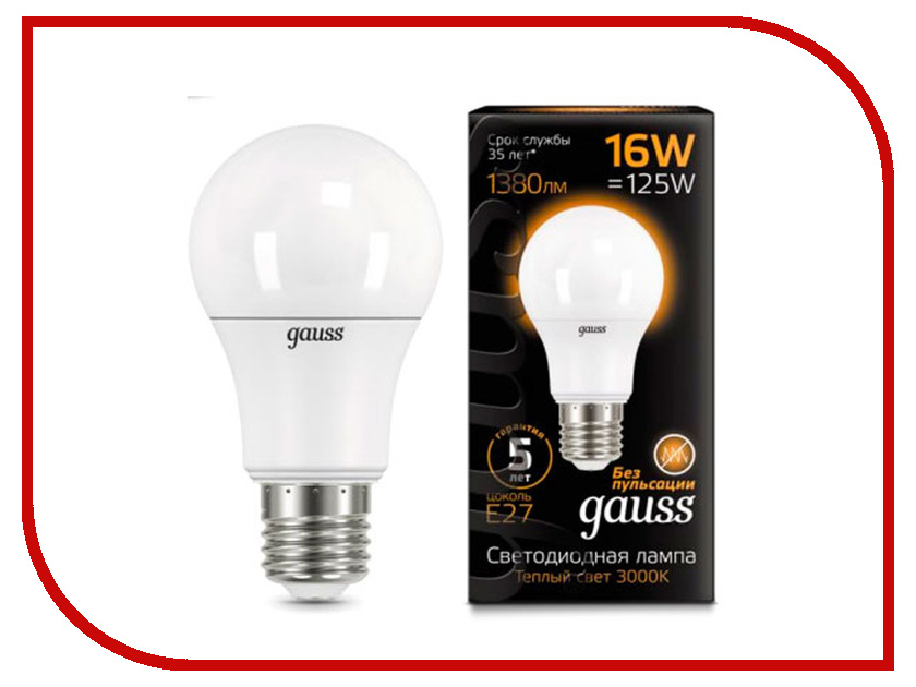 

Лампочка Gauss LED E27 16W A60 3000K 102502116, 16W A60 E27 3000K
