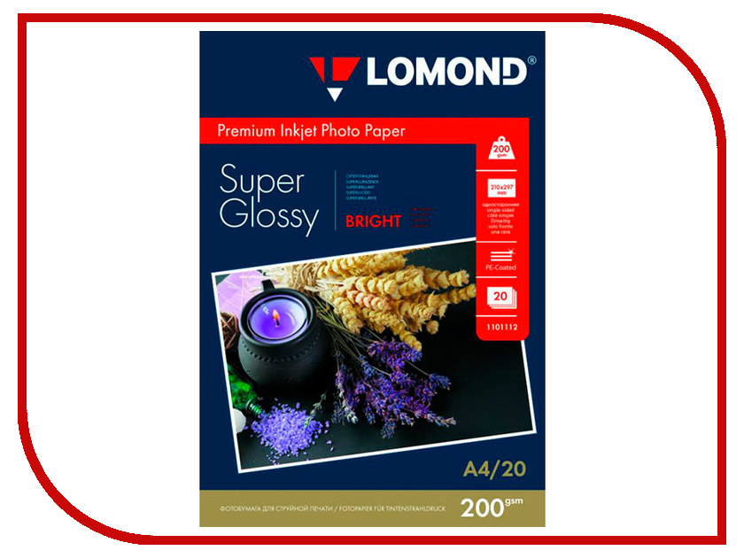 

Фотобумага Lomond 1101112 Bright Super Glossyc A4 200g/m2 односторонняя 20 листов