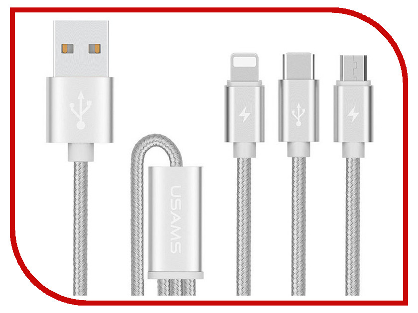 

Аксессуар USAMS US-SJ017 3в1 USB - MicroUSB/Type-C/Lighting (8-pin) Silver