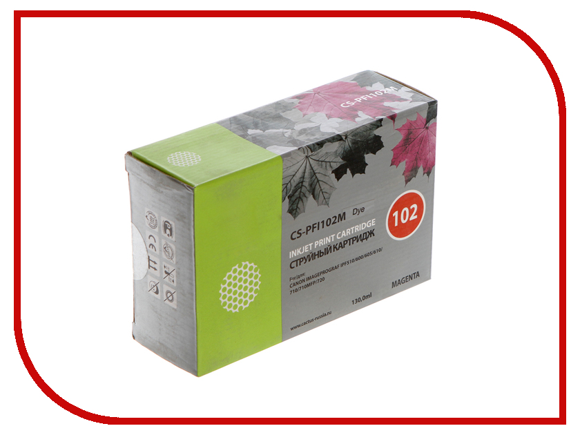 

Картридж Cactus CS-PFI102M Magenta 130ml для Canon IP iPF500/iPF600/iPF700/ MFP M40/iPF765/LP17/LP24, CS-PFI102M