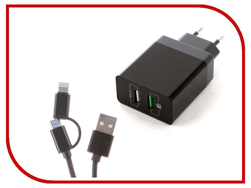 

Зарядное устройство DF Tor-03 2xUSB QC 3.0 Smart Charge + Кабель MicroUSB/Lightning, Tor-03
