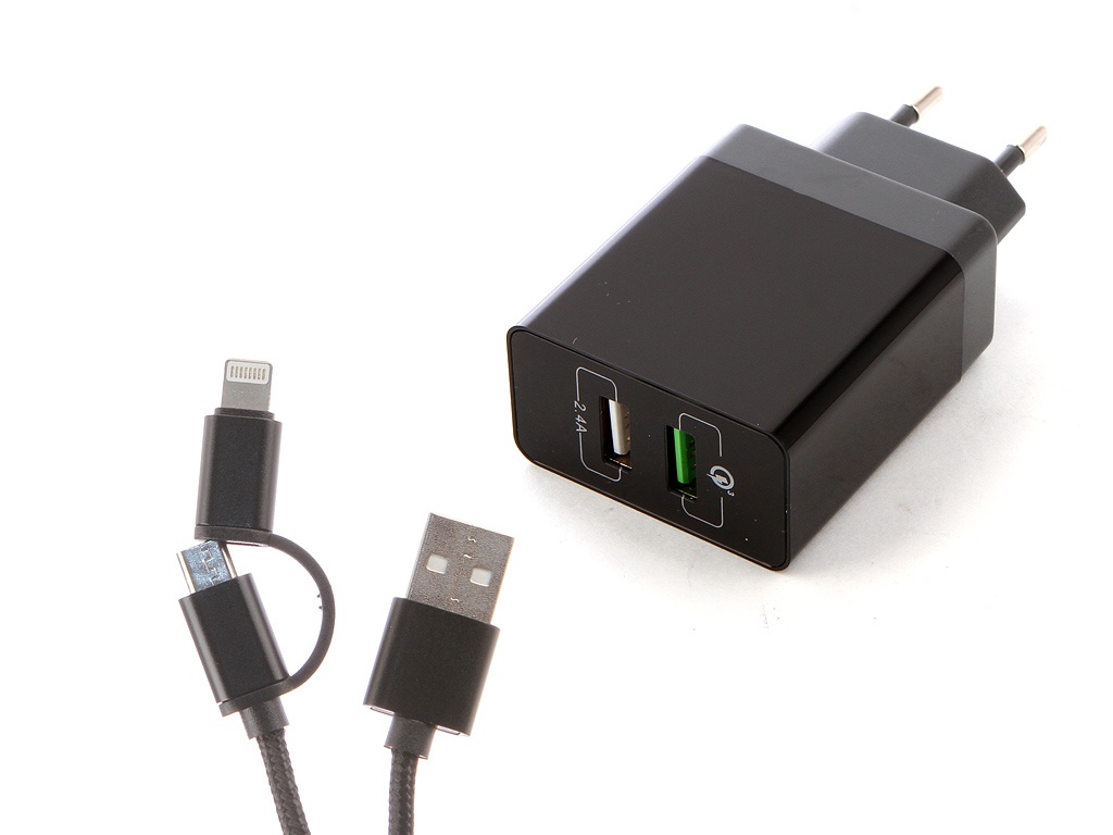 

Зарядное устройство DF Tor-03 2xUSB QC 3.0 Smart Charge + Кабель MicroUSB/Lightning, Tor-03