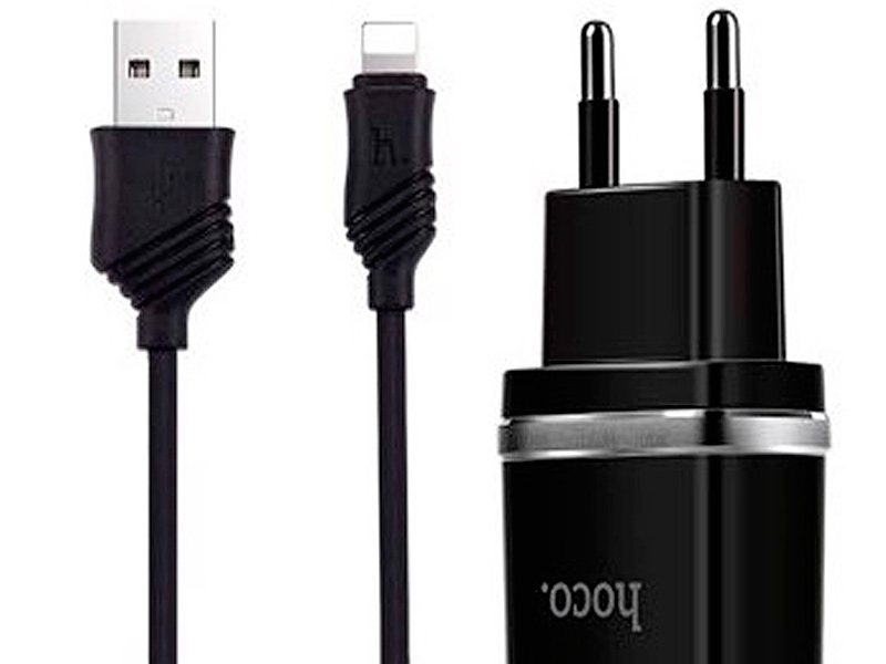 фото Зарядное устройство hoco c12 smart 2xusb + lightning black