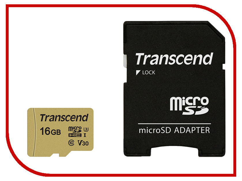 фото Карта памяти 16Gb - Transcend - Micro Secure Digital HC UHS-I U3 Class 10 TS16GUSD500S с переходником под SD