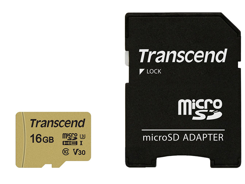 фото Карта памяти 16Gb - Transcend - Micro Secure Digital HC UHS-I U3 Class 10 TS16GUSD500S с переходником под SD