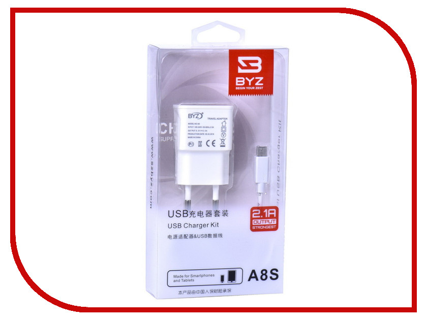 

Зарядное устройство BYZ A8s с кабелем MicroUSB White, A8s