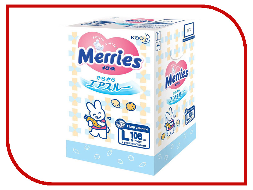 

Подгузники Merries L 9-14кг 108шт 62020411, 62020411