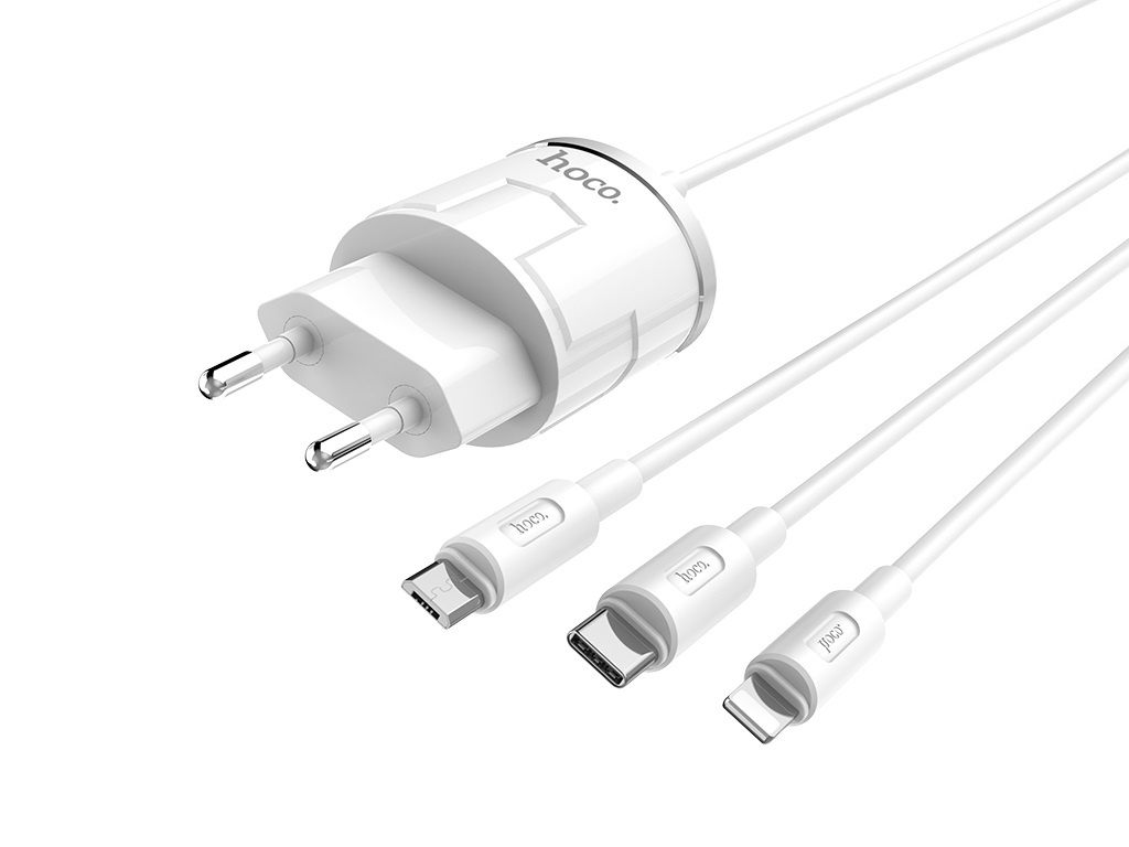 фото Зарядное устройство hoco c38a thunder 2xusb 2.4a + microusb + lightning + type-c white