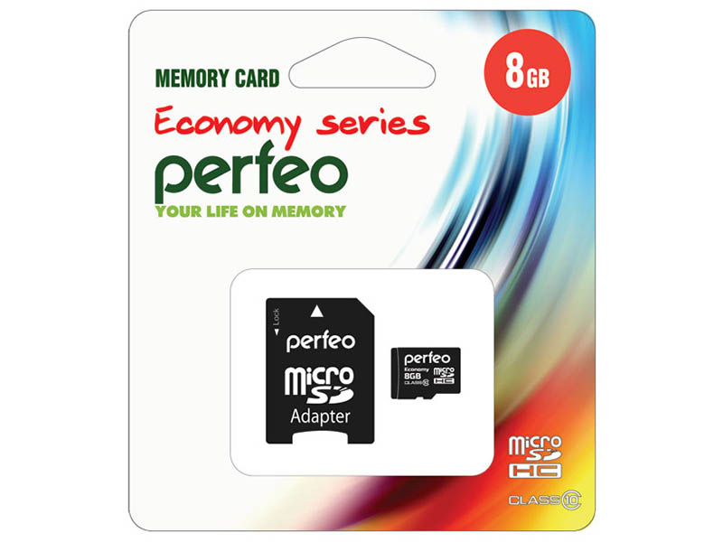 Карта памяти 8Gb - Perfeo Micro Secure Digital HC Class 10 PF8GMCSH10AES с переходником под SD