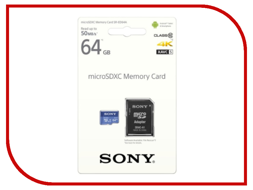 фото Карта памяти 64Gb - Sony micro SDHC UHS-I + ADP Class 10 SR-ED64A с переходником под SD