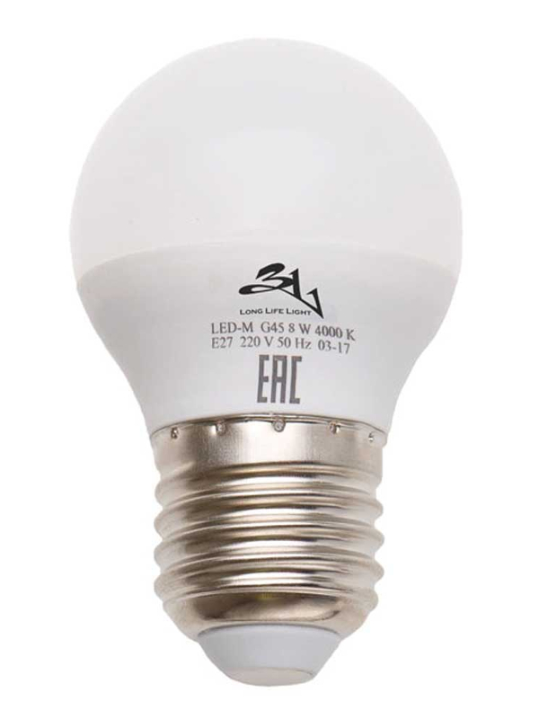 

Лампочка 3L Long Life Lamp LED G45 E27 8W 220-240V 4000K 500-560Lm Cold Light, LED-3L G45-8W E27 4000K