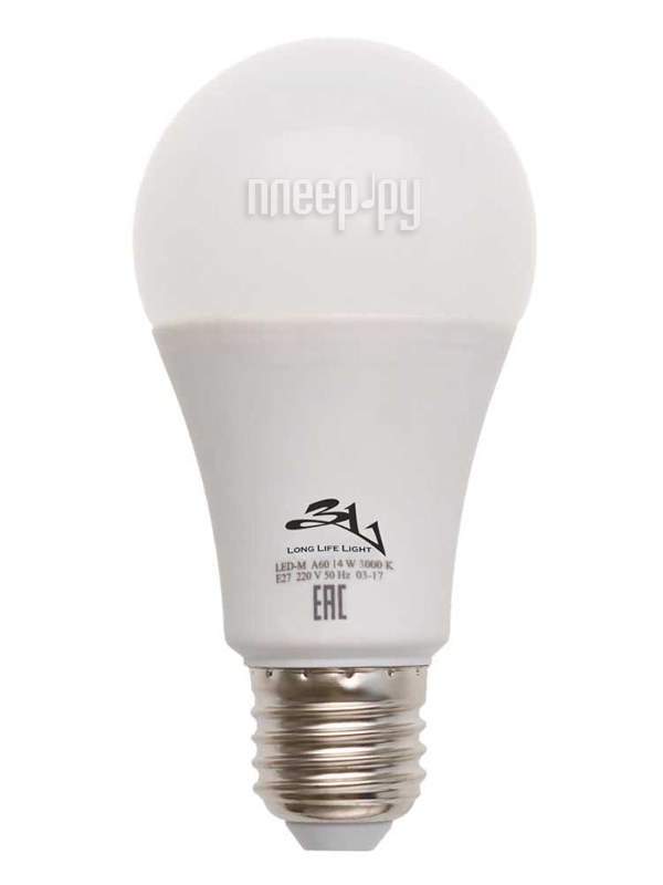 

Лампочка 3L Long Life Lamp LED A60 E27 14W 220-240V 3000K 760-850Lm Warm Light, LED-3L A60-14W E27 3000K