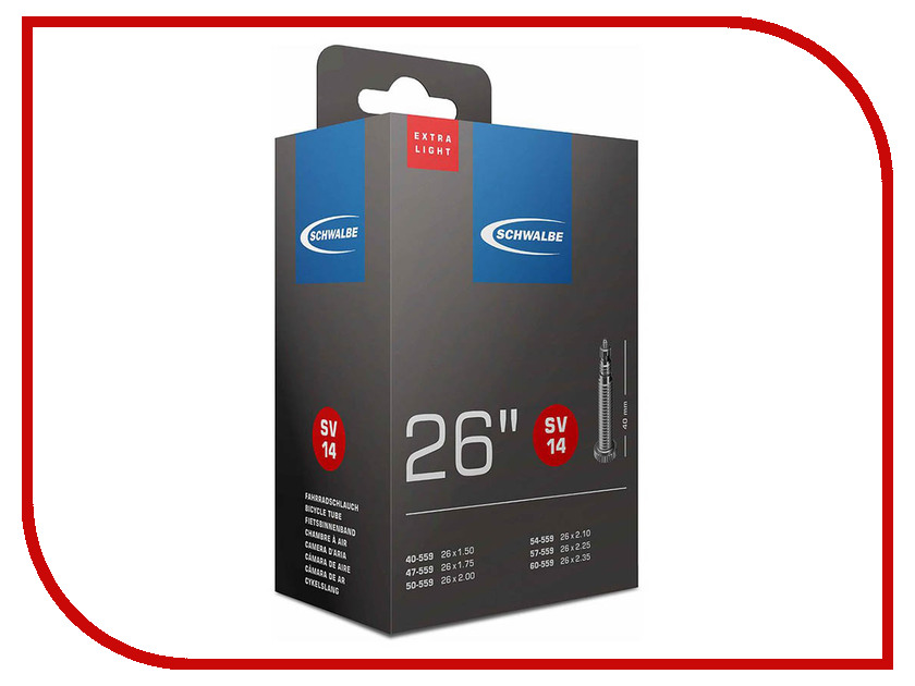 

Велокамера Schwalbe SV14 Extra Light40/60-559.26х1,5-2.35 10424343